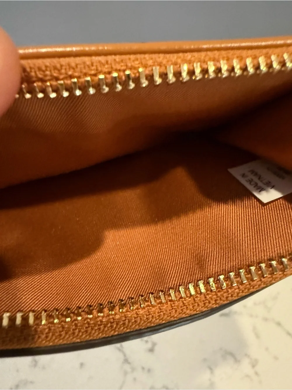 Tory Burch Caramel Quilted Leather Zip Card Holder with Gold Logo